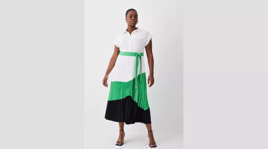 Colour Block Pleated Woven Midi Shirt Dress